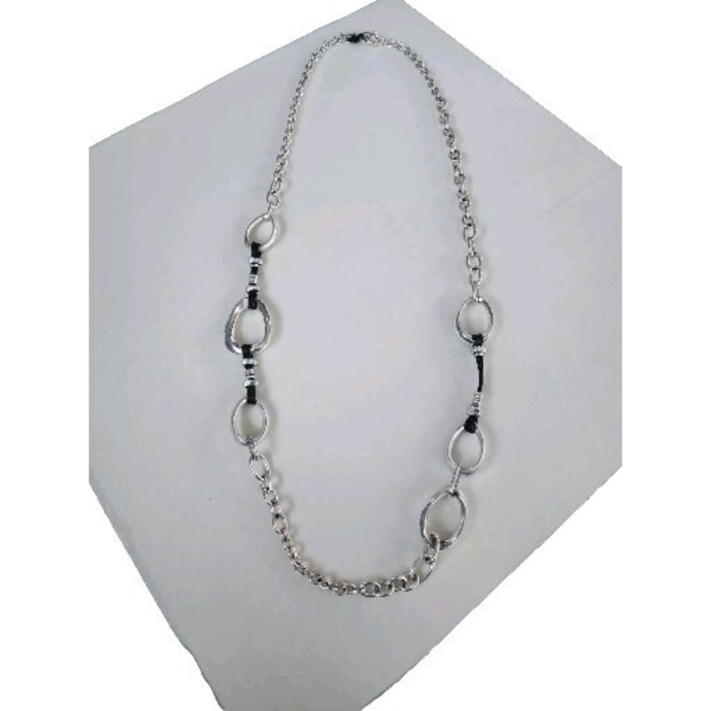 45‎ Yr Old ALM SOHO Signed Asymmetrical Necklace Silver Tone Black Leather
